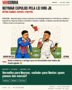 Caricaturas de Rodrigo Nestor, com a camisola do Bahia, a apontar, e de Neymar, de branco do Santos, com a mão na boca e um telemóvel na outra mão, enquanto a mão de um árbitro mostra o cartão vermelho à chuva. Cena desenhada e inventada.