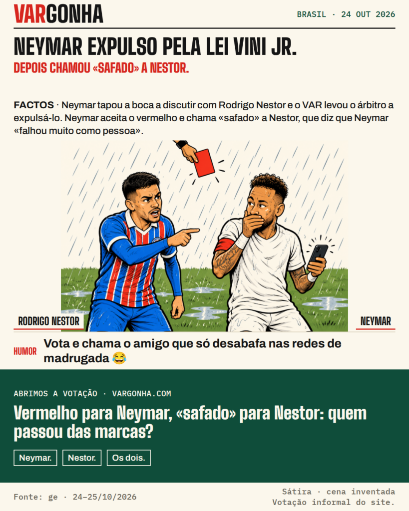 Caricaturas de Rodrigo Nestor, com a camisola do Bahia, a apontar, e de Neymar, de branco do Santos, com a mão na boca e um telemóvel na outra mão, enquanto a mão de um árbitro mostra o cartão vermelho à chuva. Cena desenhada e inventada.