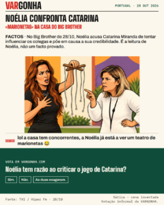 Cartoon de Catarina Miranda com um comando de marioneta e fios soltos; Noélia Pereira aponta para os fios. Metáfora satírica da acusação, não uma cena real.
