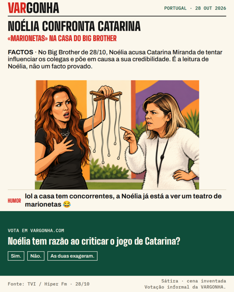 Cartoon de Catarina Miranda com um comando de marioneta e fios soltos; Noélia Pereira aponta para os fios. Metáfora satírica da acusação, não uma cena real.