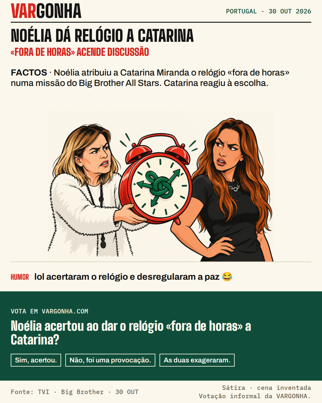 Cartoon satírico de Noélia a entregar a Catarina um despertador com os ponteiros num nó. Cena inventada.