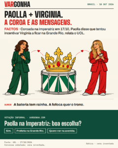 Cena satírica inventada: Paolla e Virginia, em separado, com telemóveis; uma coroa enorme pousa num tambor.