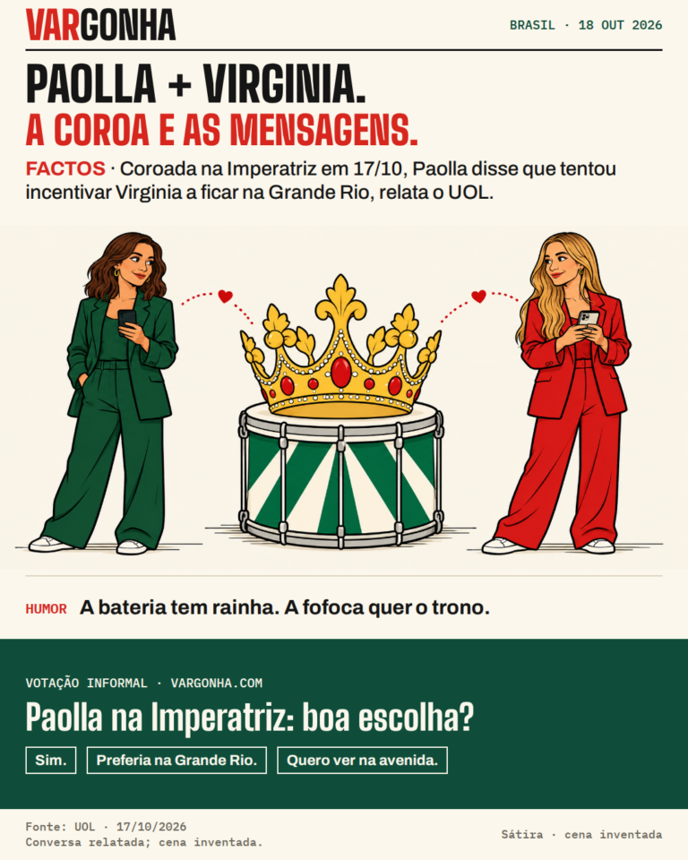 Cena satírica inventada: Paolla e Virginia, em separado, com telemóveis; uma coroa enorme pousa num tambor.