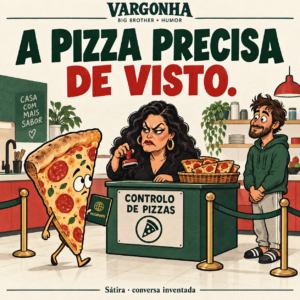Cartoon inventado: uma fatia de pizza apresenta passaporte num controlo de fronteira dentro de uma cozinha.