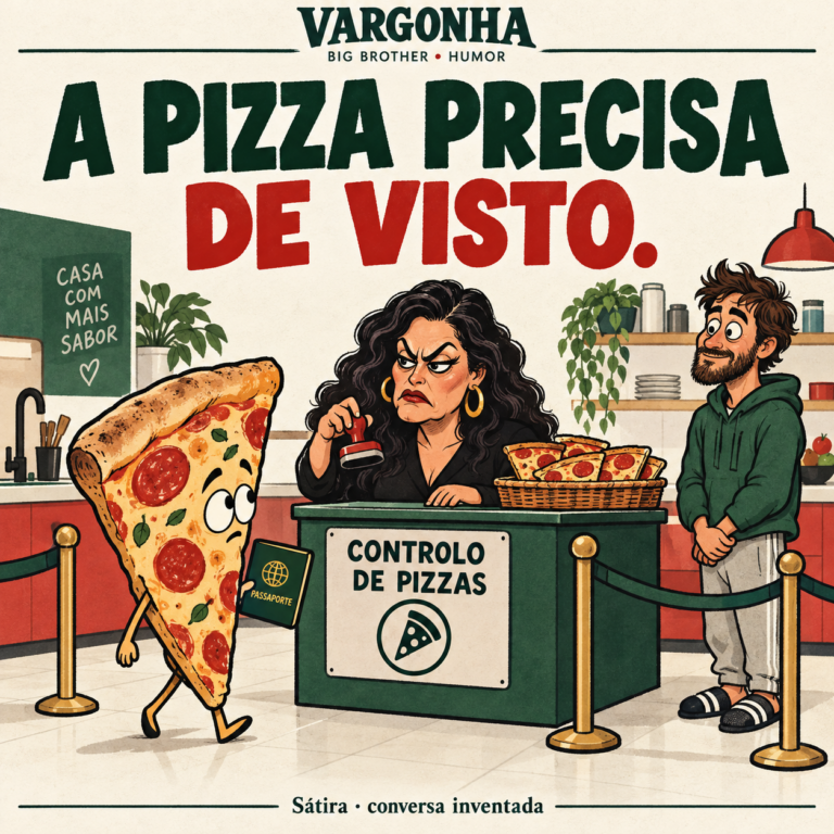 Cartoon inventado: uma fatia de pizza apresenta passaporte num controlo de fronteira dentro de uma cozinha.