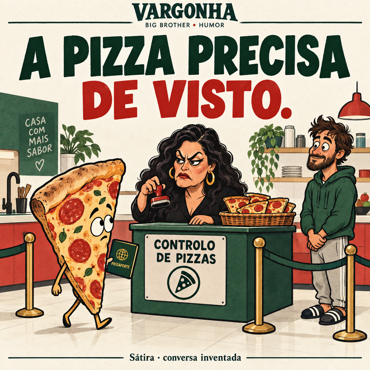 Cartoon inventado: uma fatia de pizza apresenta passaporte num controlo de fronteira dentro de uma cozinha.