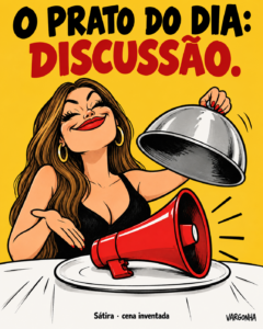 Caricatura de uma personagem fictícia a servir um megafone num prato; texto O prato do dia: discussão, Sátira · cena inventada.