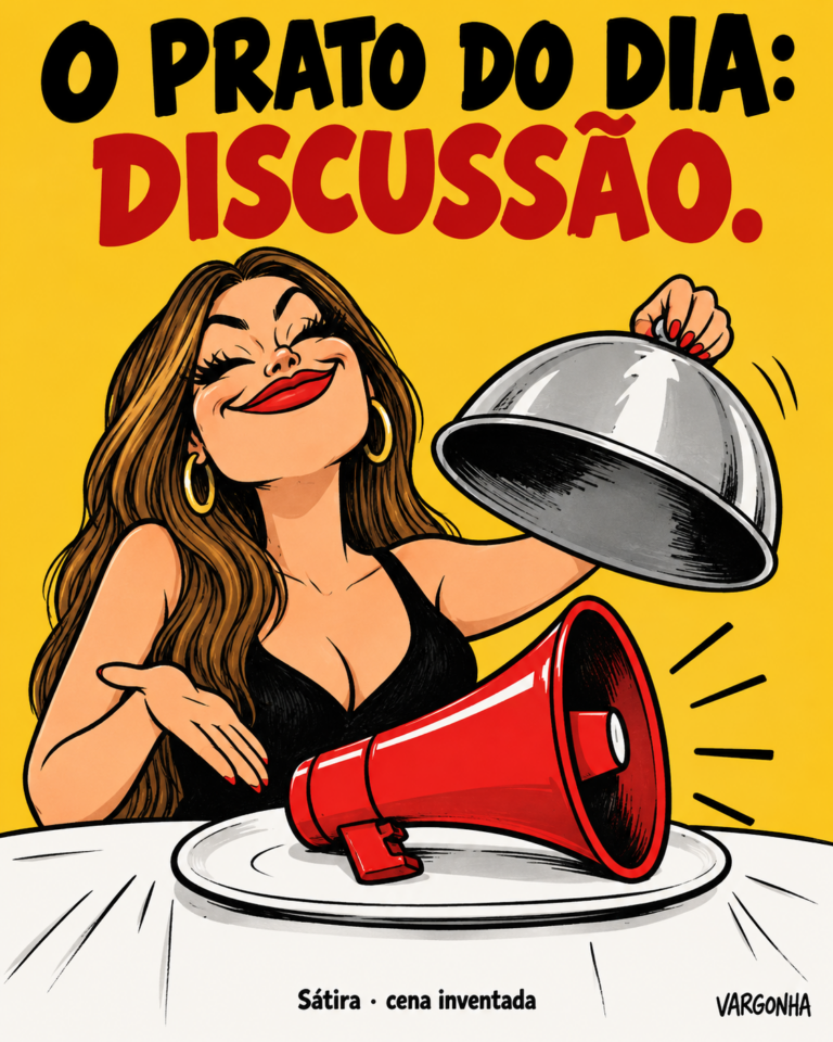 Caricatura de uma personagem fictícia a servir um megafone num prato; texto O prato do dia: discussão, Sátira · cena inventada.