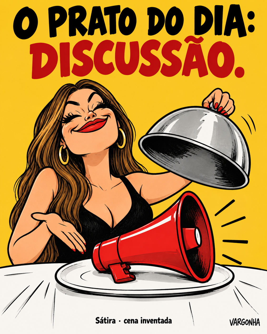 Caricatura de uma personagem fictícia a servir um megafone num prato; texto O prato do dia: discussão, Sátira · cena inventada.