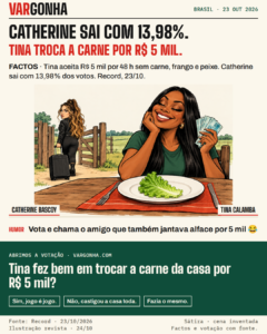Caricatura de Tina Calamba com dinheiro e um prato de alface, enquanto Catherine Bascoy sai com uma mala; sátira sobre a troca de 48 horas sem carne por R$ 5 mil.