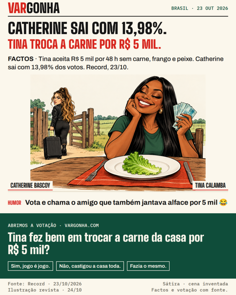 Caricatura de Tina Calamba com dinheiro e um prato de alface, enquanto Catherine Bascoy sai com uma mala; sátira sobre a troca de 48 horas sem carne por R$ 5 mil.