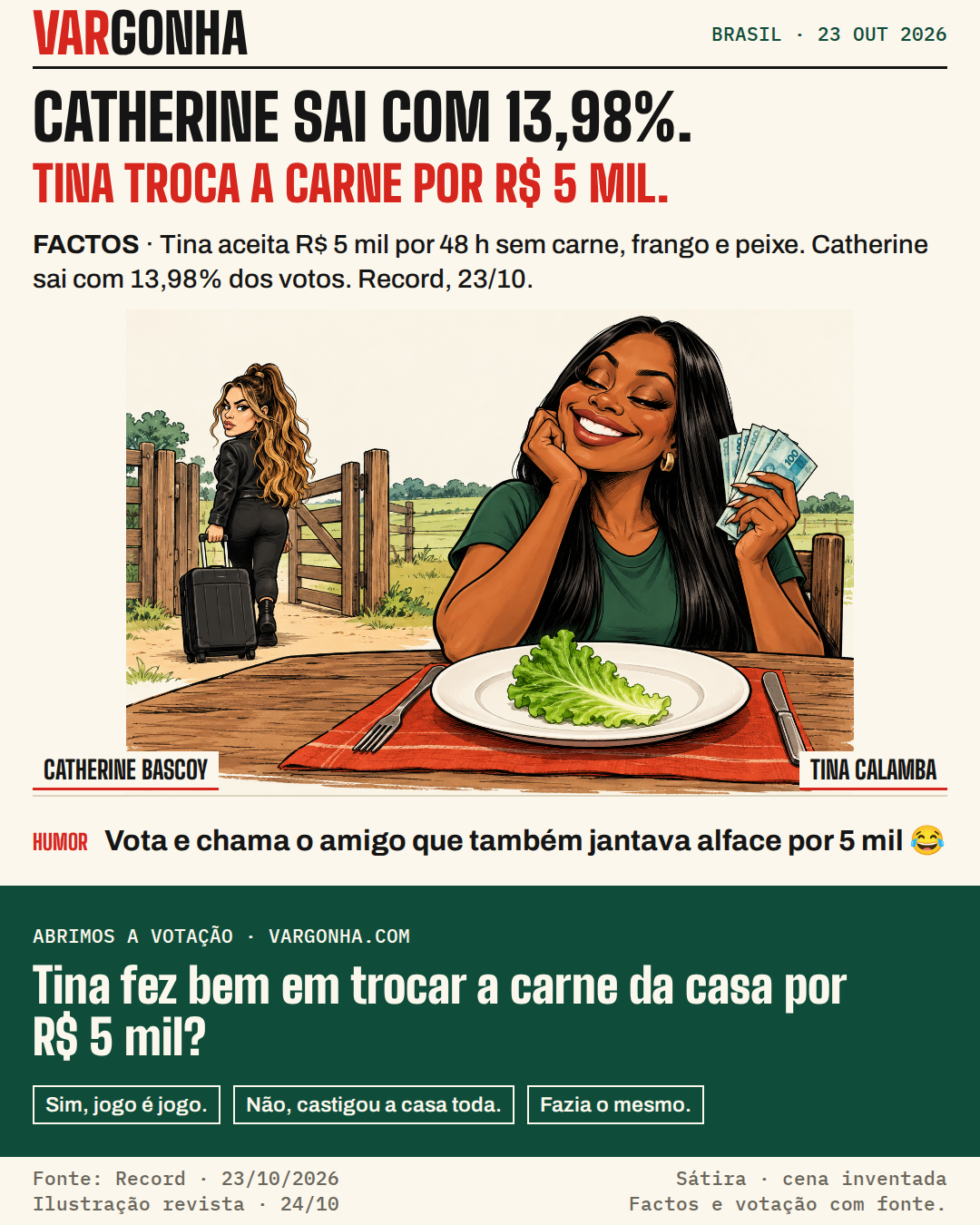 Caricatura de Tina Calamba com dinheiro e um prato de alface, enquanto Catherine Bascoy sai com uma mala; sátira sobre a troca de 48 horas sem carne por R$ 5 mil.