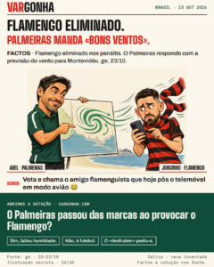 Caricaturas de Abel Ferreira a apresentar vento e Jorginho com um telemóvel e cachecol ao vento; encontro inventado para satirizar a provocação do Palmeiras.