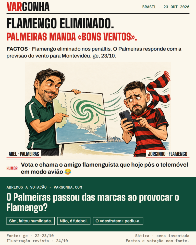 Caricaturas de Abel Ferreira a apresentar vento e Jorginho com um telemóvel e cachecol ao vento; encontro inventado para satirizar a provocação do Palmeiras.