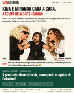 Caricaturas de Kina e Catarina Miranda frente a frente, separadas por um árbitro da produção; metáfora satírica, não uma fotografia do confronto.