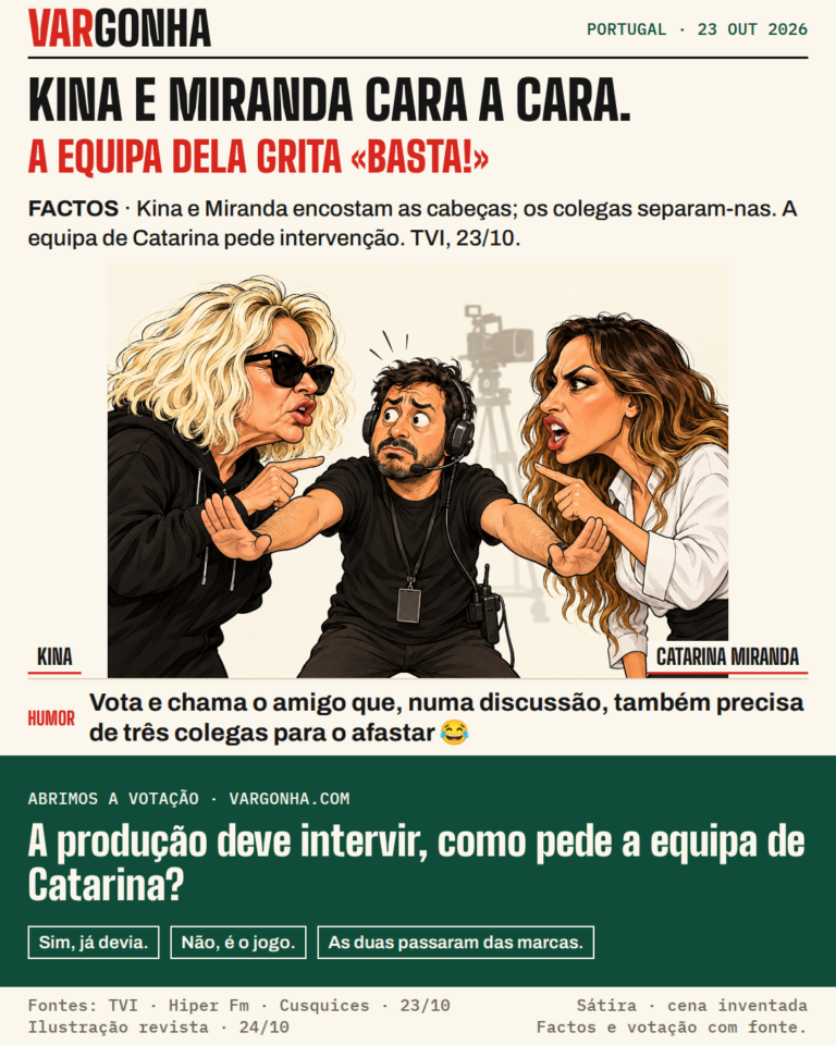 Caricaturas de Kina e Catarina Miranda frente a frente, separadas por um árbitro da produção; metáfora satírica, não uma fotografia do confronto.