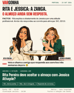 Caricaturas de Rita Pereira e Jessica Athayde e os seus telemóveis numa mesa de almoço imaginada; o encontro não está confirmado.