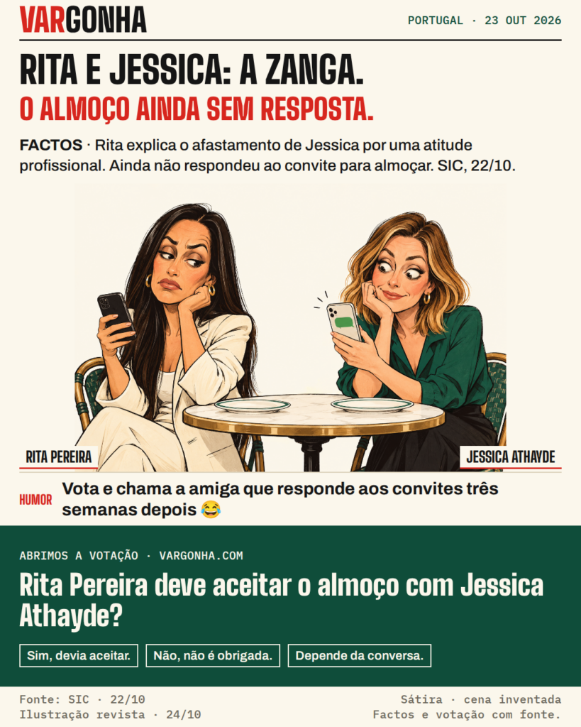 Caricaturas de Rita Pereira e Jessica Athayde e os seus telemóveis numa mesa de almoço imaginada; o encontro não está confirmado.