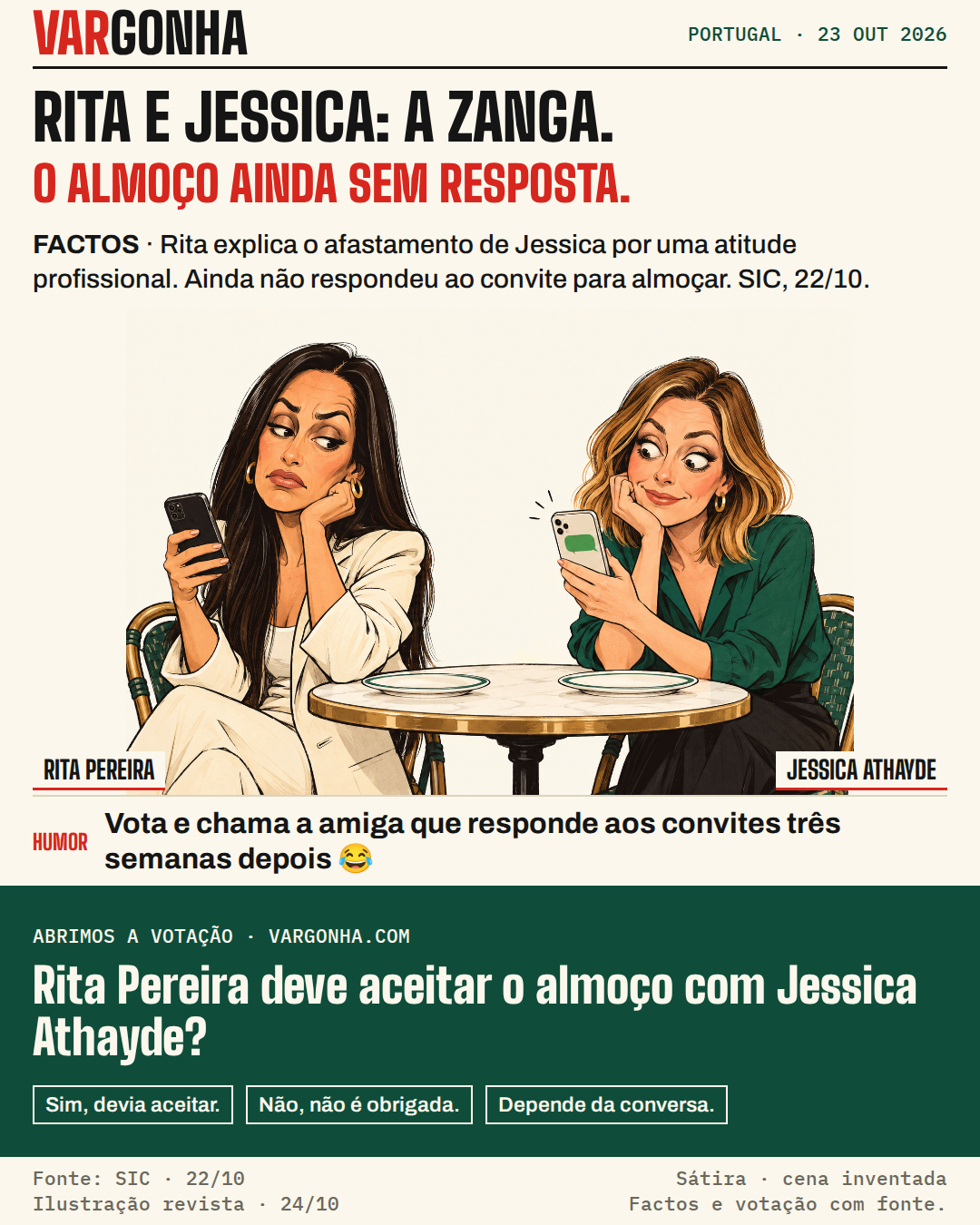 Caricaturas de Rita Pereira e Jessica Athayde e os seus telemóveis numa mesa de almoço imaginada; o encontro não está confirmado.