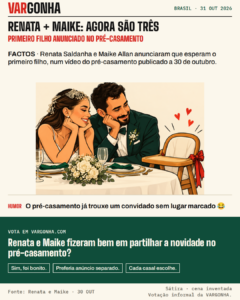 Renata Saldanha e Maike Allan em cartoon junto de uma cadeira de bebé vazia à mesa do casamento. Metáfora satírica inventada.