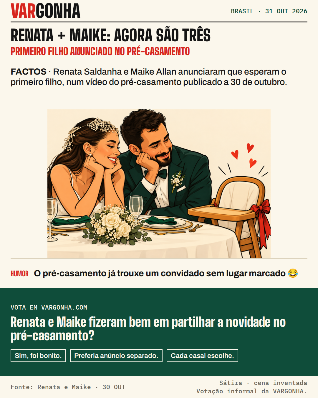 Renata Saldanha e Maike Allan em cartoon junto de uma cadeira de bebé vazia à mesa do casamento. Metáfora satírica inventada.