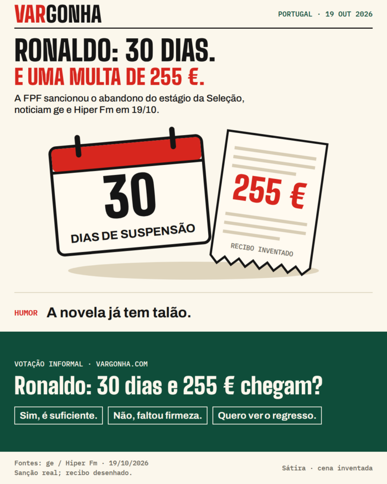 Composição satírica: um calendário de 30 dias e um recibo ilustrado de 255 euros; não é um documento da FPF.