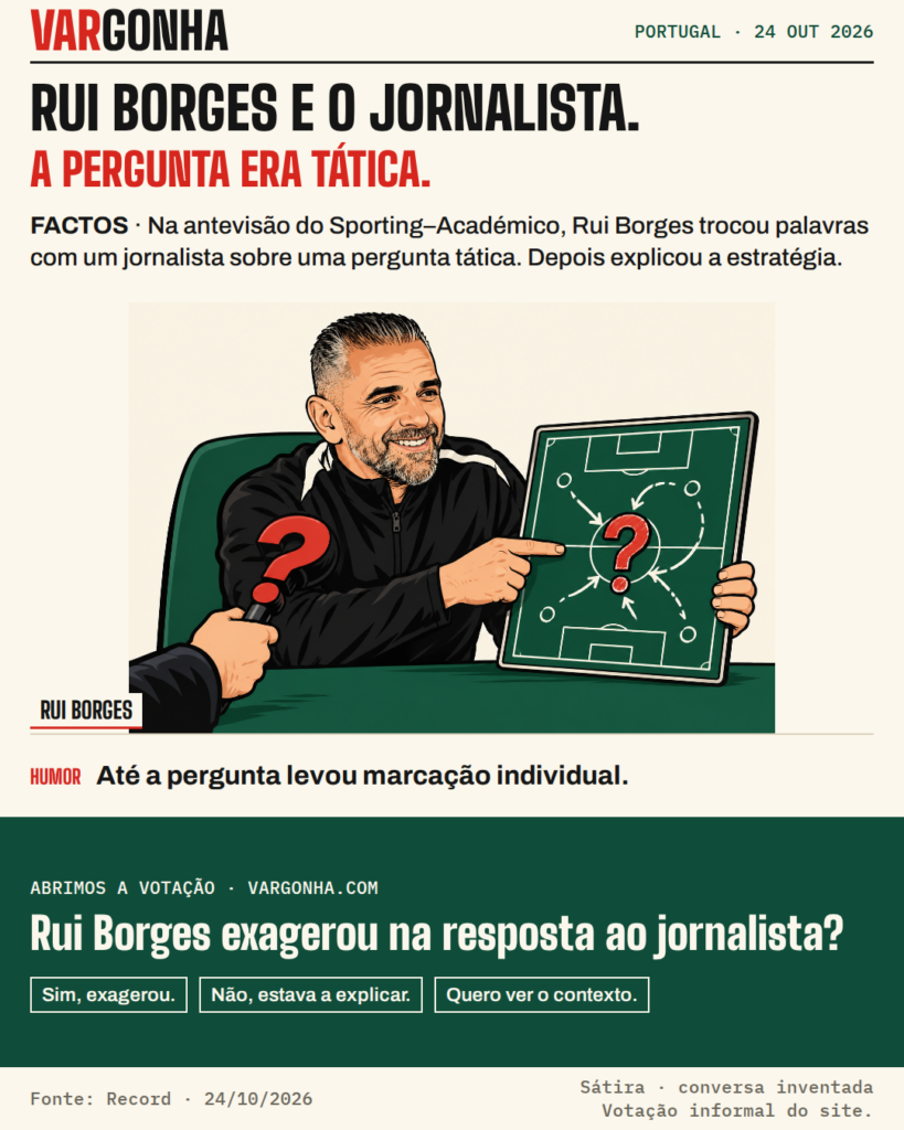 Caricatura de Rui Borges com um quadro tático a marcar um ponto de interrogação e um microfone; metáfora inventada da resposta ao jornalista.