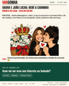 Cartoon de Sasha Meneghel e João Lucas a celebrar o anúncio da gravidez, junto de um enxoval gigante com coroa. Cena satírica inventada.