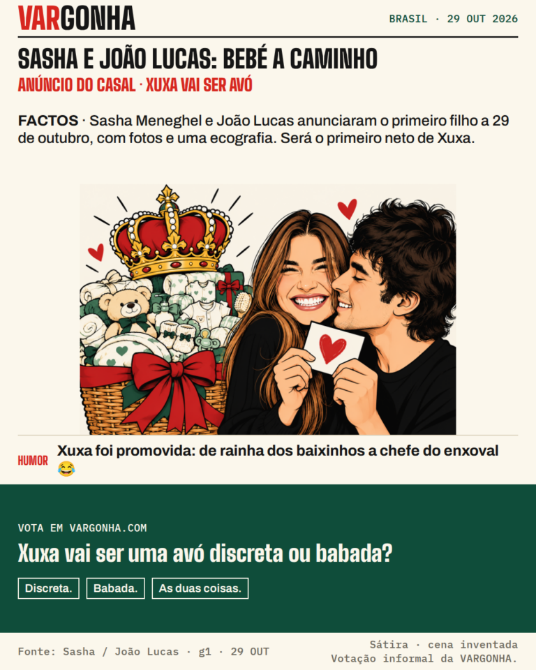 Cartoon de Sasha Meneghel e João Lucas a celebrar o anúncio da gravidez, junto de um enxoval gigante com coroa. Cena satírica inventada.