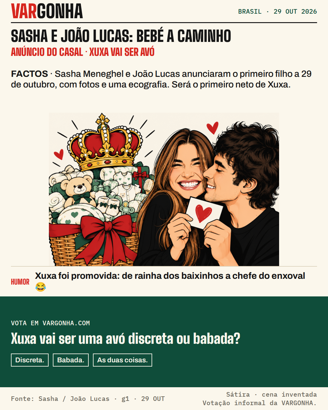 Cartoon de Sasha Meneghel e João Lucas a celebrar o anúncio da gravidez, junto de um enxoval gigante com coroa. Cena satírica inventada.