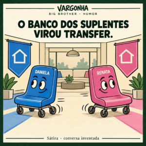 Cartoon inventado: um banco azul chamado Daniela e um rosa chamado Renata circulam sobre rodas.