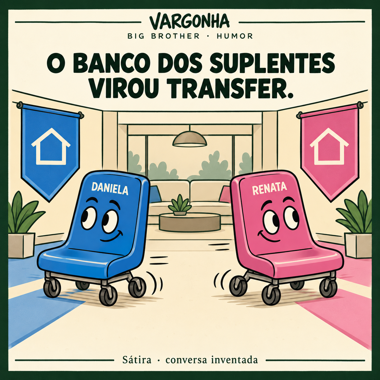 Cartoon inventado: um banco azul chamado Daniela e um rosa chamado Renata circulam sobre rodas.