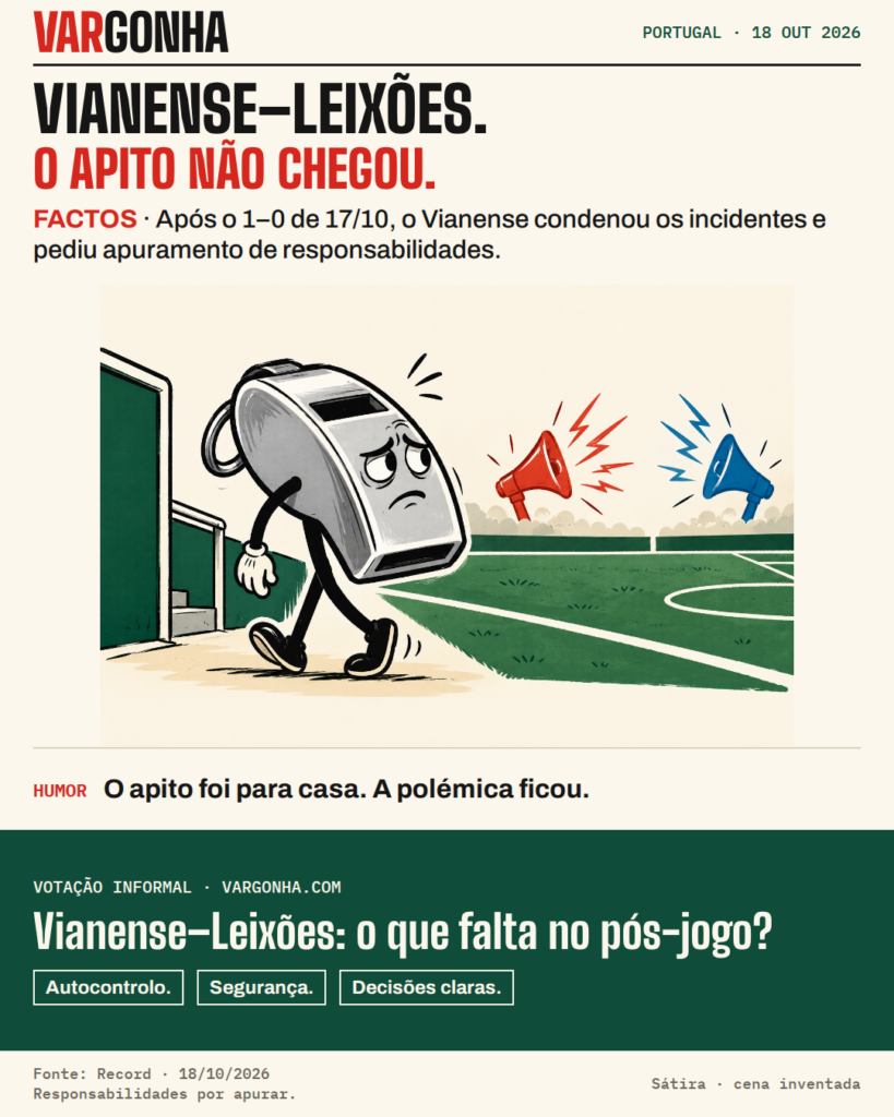 Cena satírica: um apito com pernas sai do campo, enquanto dois megafones continuam a fazer ruído.