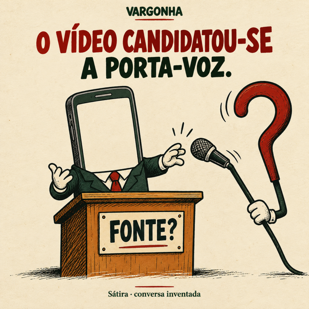 Cartoon inventado: um telemóvel de fato tenta falar num púlpito, mas um ponto de interrogação afasta o microfone.
