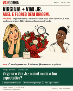 Cartoon inventado: Virginia junto de um anel e de um ramo com cartão em branco; Vini Jr. aparece separado, sem entregar nada.