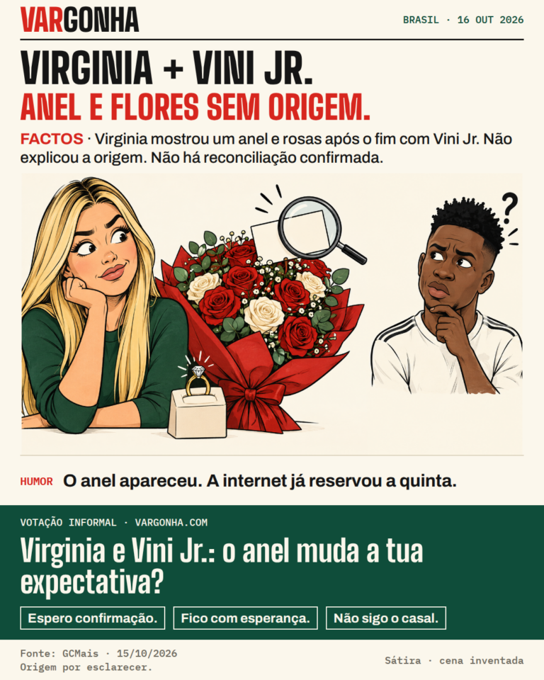 Cartoon inventado: Virginia junto de um anel e de um ramo com cartão em branco; Vini Jr. aparece separado, sem entregar nada.