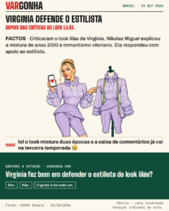 Caricatura de Virginia Fonseca com coque alto e o conjunto lilás de renda, calças capri e saia sobreposta. Mostra um telemóvel com um coração ao lado de um manequim de costura. Metáfora desenhada do apoio ao estilista, não uma mensagem privada real.
