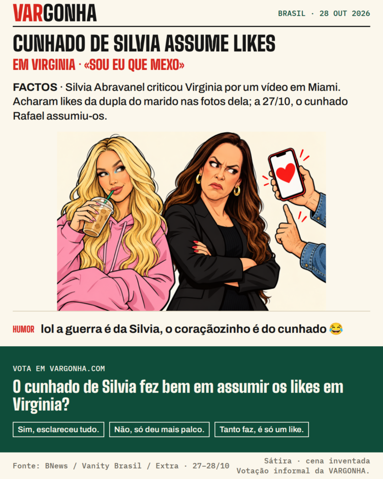 Cartoon de Virginia, loira, de camisola com capuz cor-de-rosa, a beber um café gelado sem se incomodar; ao lado, Silvia Abravanel, de blazer preto e braços cruzados, olha de lado, furiosa, para um telemóvel com um grande coração vermelho, segurado por uma mão de homem que levanta o dedo a assumir a culpa. Cena desenhada, não fotografia.