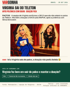 Cartoon de Virginia Fonseca a afastar-se de um palco, com um envelope simbólico de doação intacto; Silvia Abravanel fica junto ao microfone. Cena inventada, sem sugerir uma entrega já realizada.