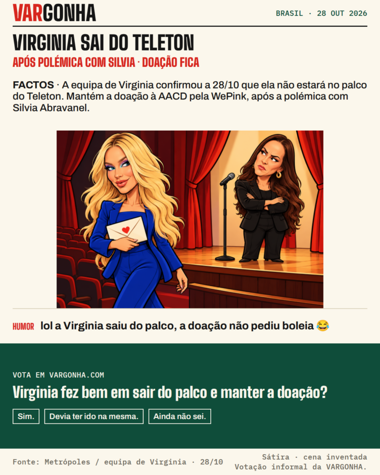 Cartoon de Virginia Fonseca a afastar-se de um palco, com um envelope simbólico de doação intacto; Silvia Abravanel fica junto ao microfone. Cena inventada, sem sugerir uma entrega já realizada.