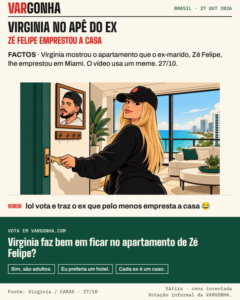 Cartoon de Virginia, loira de boné e roupa preta, com uma chave na porta de um apartamento em Miami; um retrato de Zé Felipe na parede identifica o proprietário. Cena satírica, não fotografia nem encontro do casal.